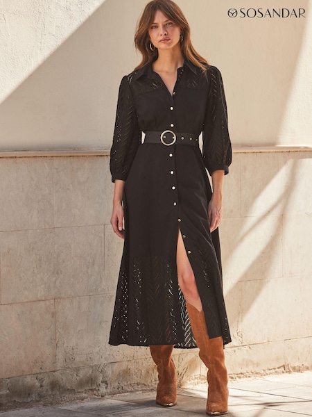 Sosandar 100% Cotton Broderie Detail Midi Shirt Dress (B33177) | €79