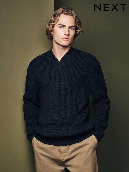 Black V-Neck Regular Fit Rib Texture Jumper with Wool (B33410) | €20