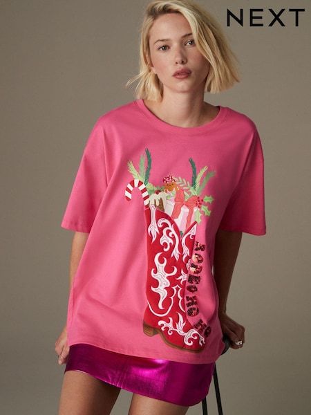 Pink Christmas Short Sleeve 100% Cotton T-Shirt (B33454) | AED64