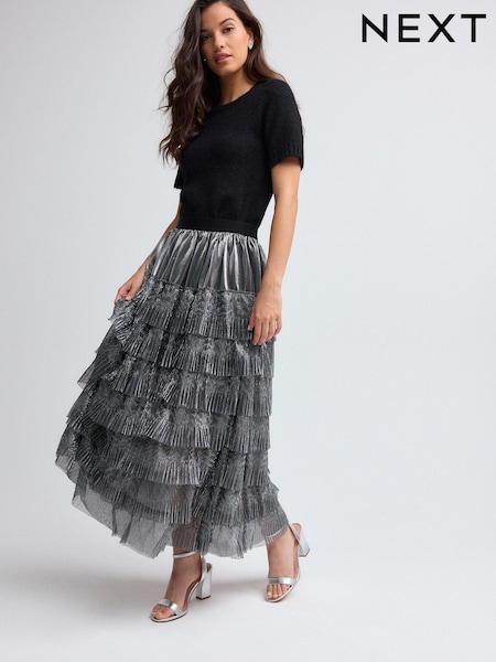 Silver Mesh Tulle Midi Skirt (B33510) | €33