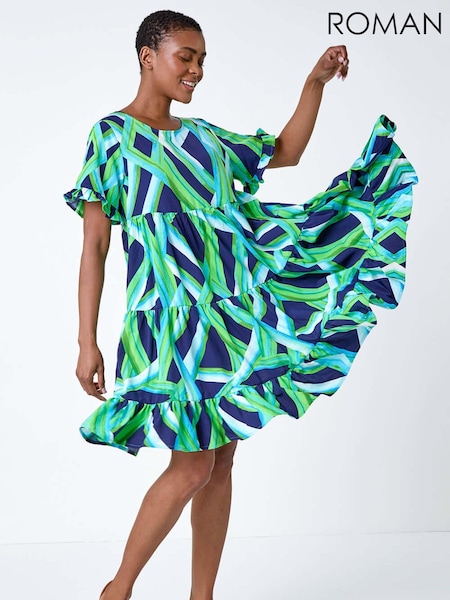 Roman Green Abstract Print Tiered Smock Dress (B33563) | ₪283