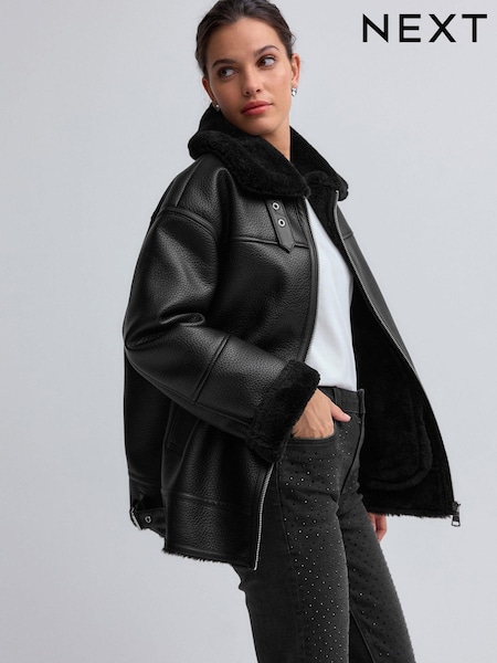 Black Aviator Faux Leather Biker Jacket (B33573) | €88