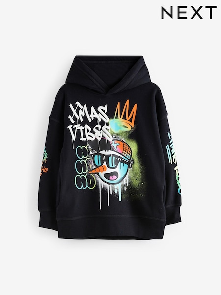 Black Snowman Christmas Graphic 100% Cotton Hoodie (3-16yrs) (B33603) | €18 - €24