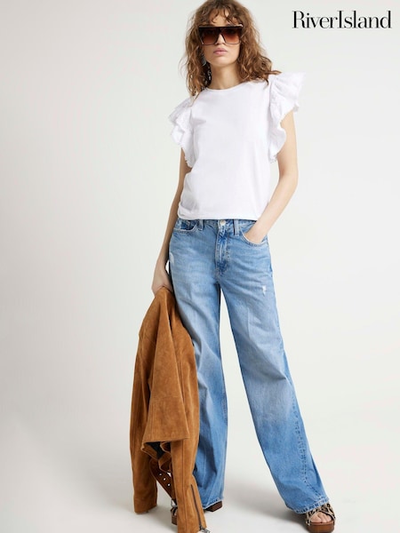 River Island White Broderie Frill Sleeve 100% Cotton Top (B33685) | €17.50
