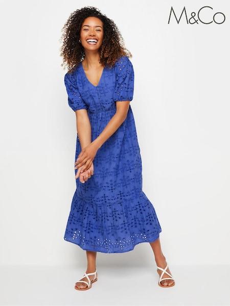 M&Co Blue 100% Cotton Button Front Broderie Dress (B33717) | €34