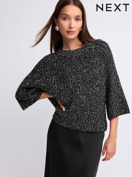 Black Sparkle Sequin Mesh Knitted Half Sleeve Jumper (B33796) | €25