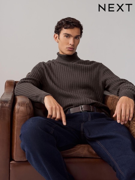Brown Roll Neck Regular Fit Premium Lambswool Blend Rib Texture Jumper (B33924) | €21
