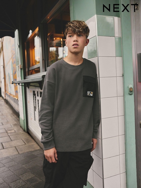 Grey 100% Cotton Utility Textured Long Sleeve T-Shirt (3-16yrs) (B34074) | AED35 - AED46
