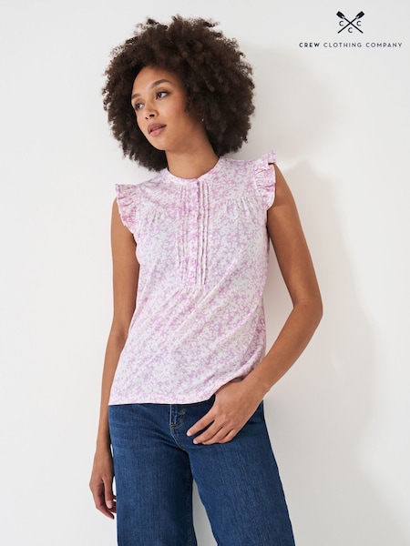 Crew Clothing Purple Lydia Floral Print Ruffled Sleeve 100% Cotton Blouse (B34290) | €21.50