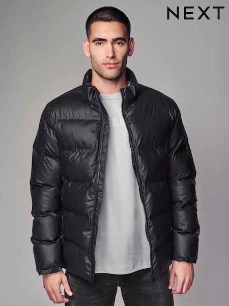 Black Shower Resistant Rubberised Funnel Puffer Coat (B34328) | R$ 720