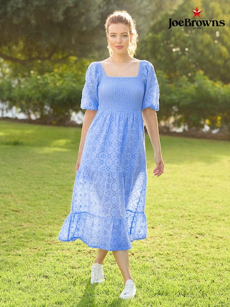 Joe Browns Blue Cotton Broderie Anglaise Puff Sleeve Tiered Midi Dress (B34341) | €51