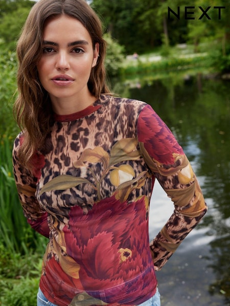 Colecția Kew Leopard/Floral Imprimeu - Mânecă lungă Floral Mesh Top (B34445) | 117 LEI