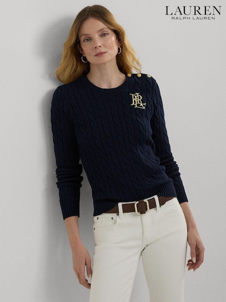 Laivasto - Lauren Ralph Lauren Button Trim Cable Knit 100% Cotton Jumper (B34446) | €282