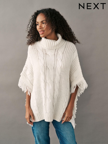 White Ecru High Roll Neck Fringe Knitted Cape Cardigan With Wool (B34502) | 103 QAR