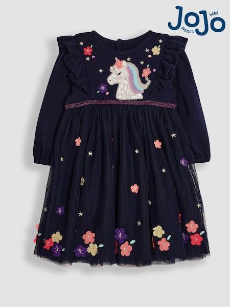 JoJo Maman Bébé Navy Blue Unicorn Appliqué Tulle Party Dress (B34579) | AED256 - AED282