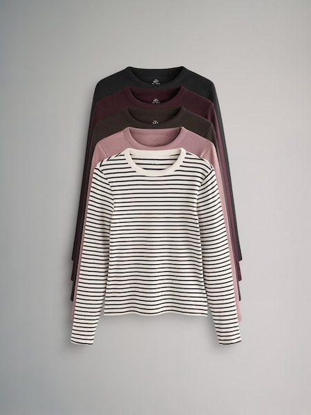 The Set Black/Berry Red/Chocolate Brown/Mauve Pink/Stripe 5 Pack Ribbed Long Sleeve T-Shirts (B34680) | OMR10