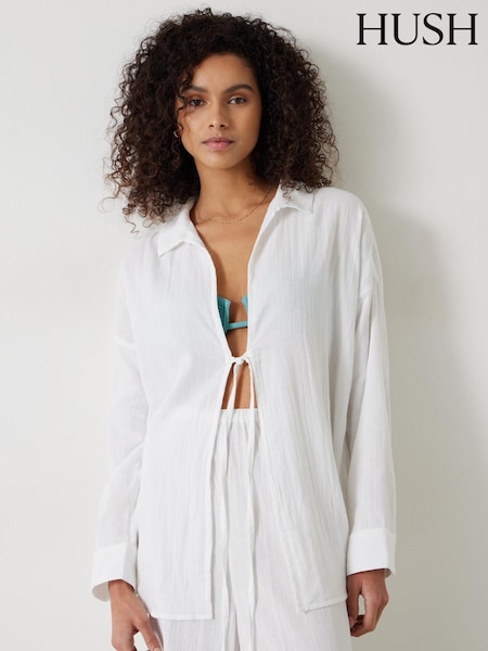 Alb - Hush 100% Cotton Elodie Cravată Front Beach Cămăși (B34698) | 211 LEI