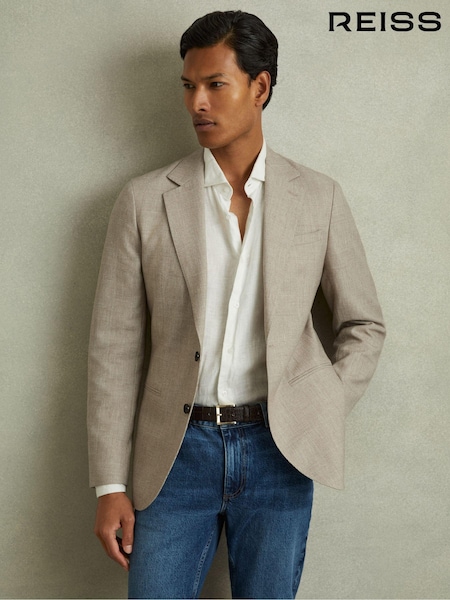 Reiss Oatmeal Elliot Checked Single Breasted Blazer in Wool-Linen (B34737) | €225