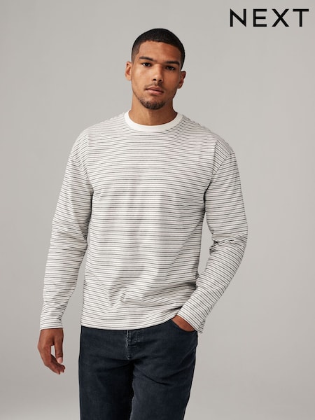 Cream/Black Stripe Relaxed Fit Long Sleeve Heavyweight 100% Cotton T-Shirt (B34765) | €12