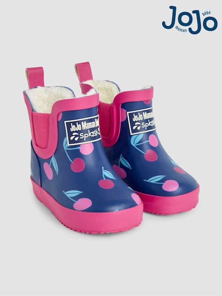 JoJo Maman Bébé Navy Blue Cherry Cosy Lined Fox Print Ankle Wellies (B34801) | €38 - €41