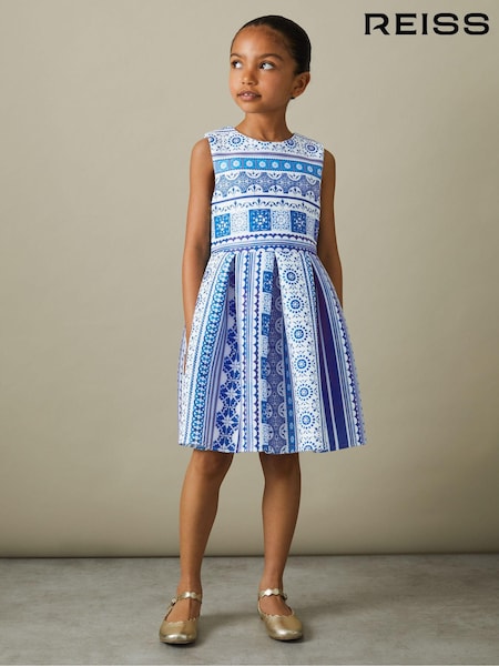 Reiss Blue Print Lena 4-9 yrs Tile Print Scuba Fit-and-Flare Dress (B34810) | 404 QAR