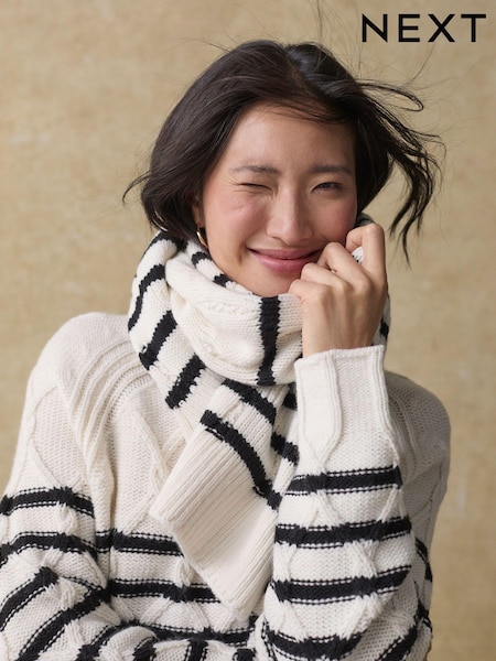 Black/White Stripe Soft Touch Co-ord Cable Knitted Scarf with Wool (B34855) | €7.50