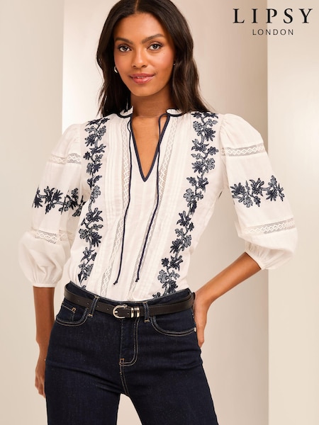 White - Lipsy 3/4 Sleeve Embroidered Tie Neck Blouse (B34894) | 199 LEI