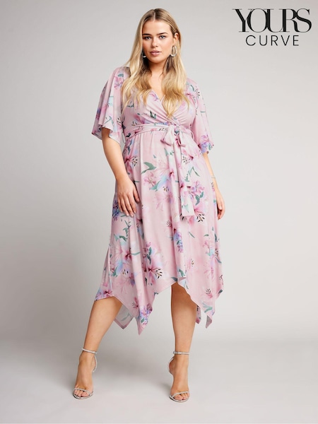 Yours Curve Pink Floral Hanky Hem Wrap Dress (B34935) | €31