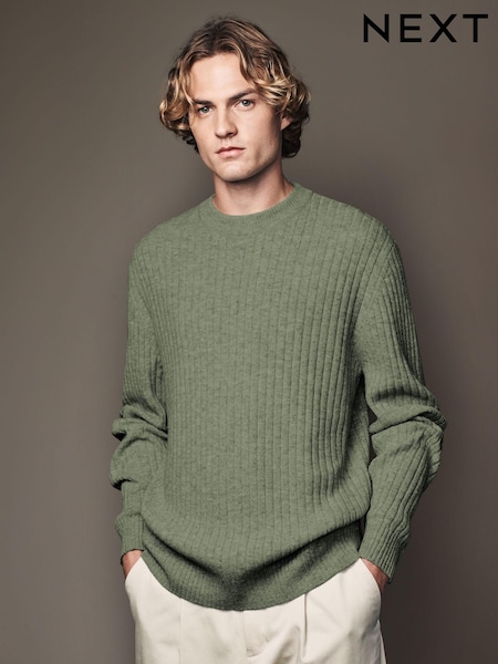 Sage Green Crew Neck Regular Fit Premium Lambswool Blend Rib Texture Jumper (B34953) | €25