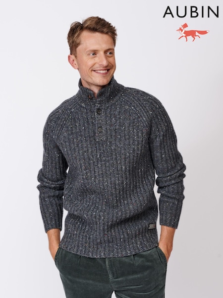 Aubin Charcoal Farnham Fisherman Rib Wool Button Neck (B34961) | €79