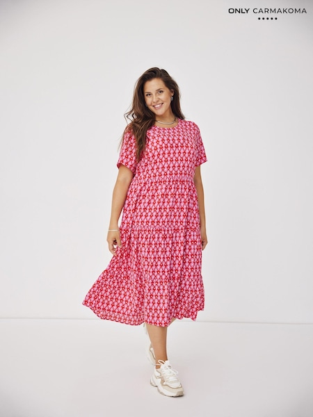 ONLY Curve Pink Printed Short Sleeve Tiered Maxi Dress (B35014) | €23