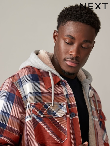 Orange Check Hooded Borg Lined Shacket (B35119) | €83