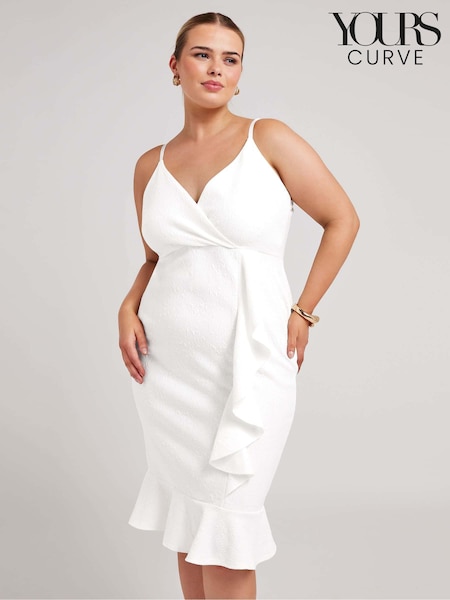 Yours Curve White LONDON Ruffle Jacquard Dress (B35142) | €66
