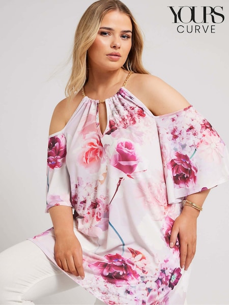 Roz - Yours Curve Top cu umăr rece cu lanț cu imprimeu floral YOURS LONDON (B35173) | 290 LEI