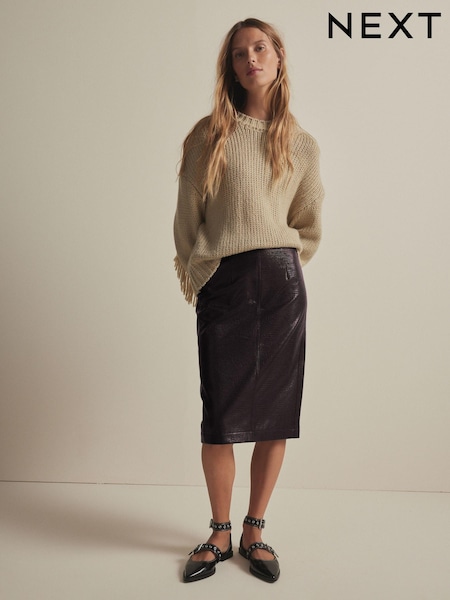 חום - Faux Leather Knee Skirt (B35174) | ‏107‏₪