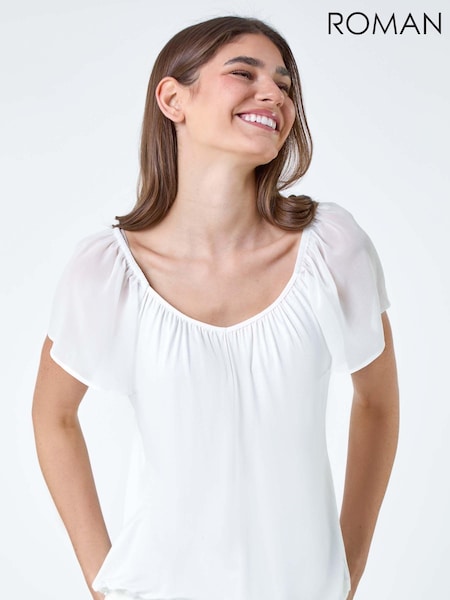Roman White Chiffon Sleeve Stretch Top (B35302) | 79 QAR