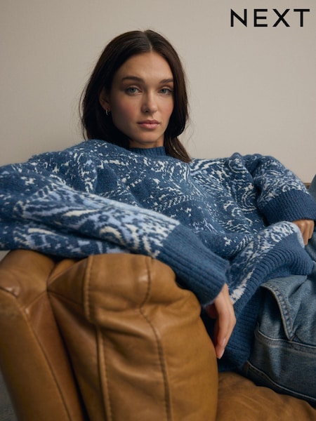 Синяя/белая - Paisley Jacquard Pattern Knitted Jumper (B35397) | €37