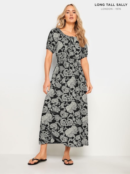 Long Tall Sally Black Paisley Print Bardot Midaxi Dress (B35514) | €43