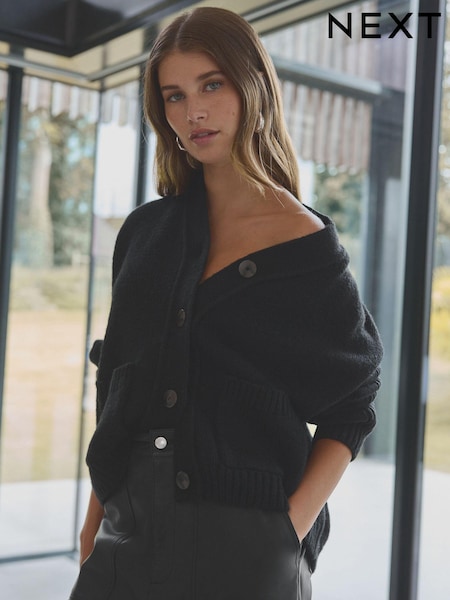 črna - Wool Blend Yak Soft Touch Front Pocket Knitted Cardigan (B35643) | € 74