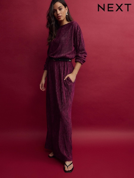 Burgundy Red Long Sleeve Velvet Maxi Dress (B35681) | AED170