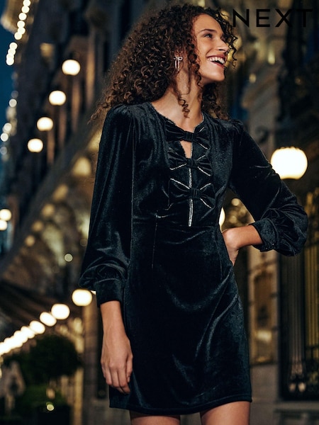 Black Diamante Long Sleeve Velvet Bow  Mini Dress (B35733) | €36