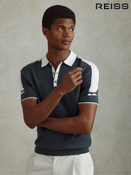 Reiss Steel Blue/ Off White Brunswick Wool-Cotton Contrast Polo Shirt (B35839) | €62