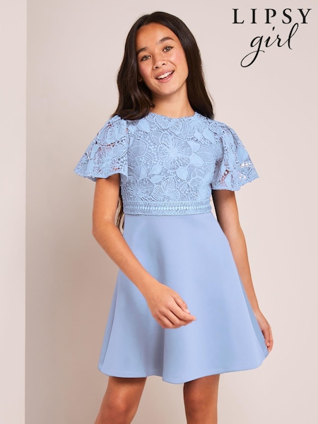 Lipsy Light Blue 2In1 Flutter Sleeve Lace Occasion Dress (B35874) | € 28 - € 32