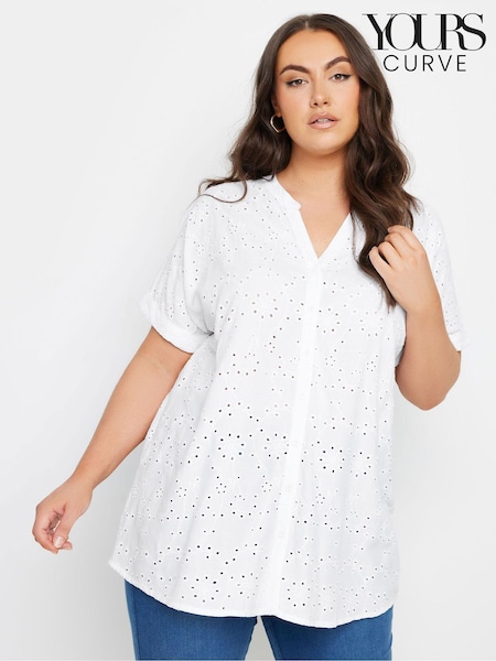 Yours Curve White 100% Cotton Broderie Notch Neck Top (B35988) | €23