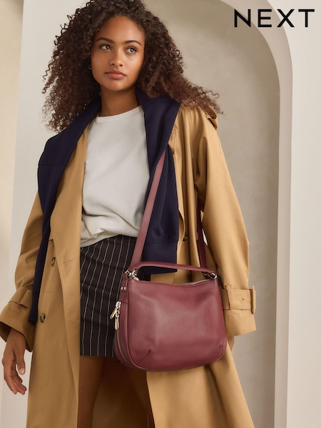 Burgundy Red Leather Handle Slouchy Cross-Body Bag (B36040) | AED136