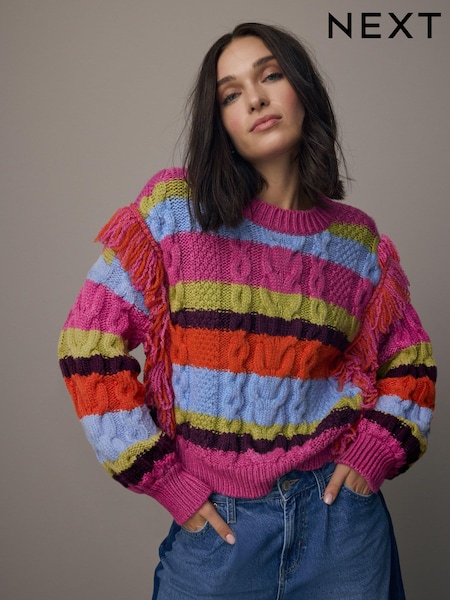 Multi Statement Fringe Stripe Knitted Jumper (B36068) | €23