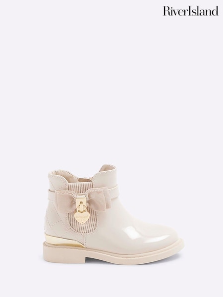 River Island Cream Girls Patent Bow Padlock Boots (B36092) | €23