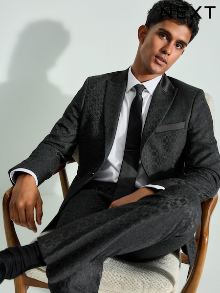 Grey Regular Fit Textured Tuxedo Suit Jacket (B36101) | €38