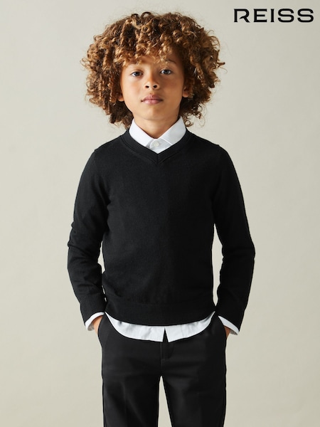 Reiss Black Earl 3-9 yrs Merino Wool V-Neck Jumper (B36215) | €43