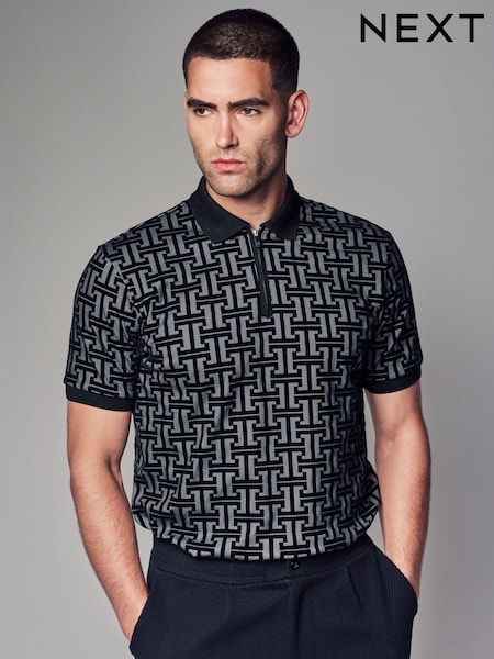 Grey/Black Flocked Quarter Zip Polo Shirt (B36269) | 103 QAR